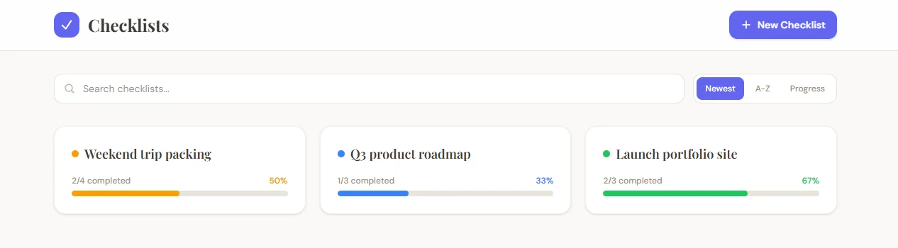 Checklist app dashboard — three color-coded checklists, each with a live progress bar