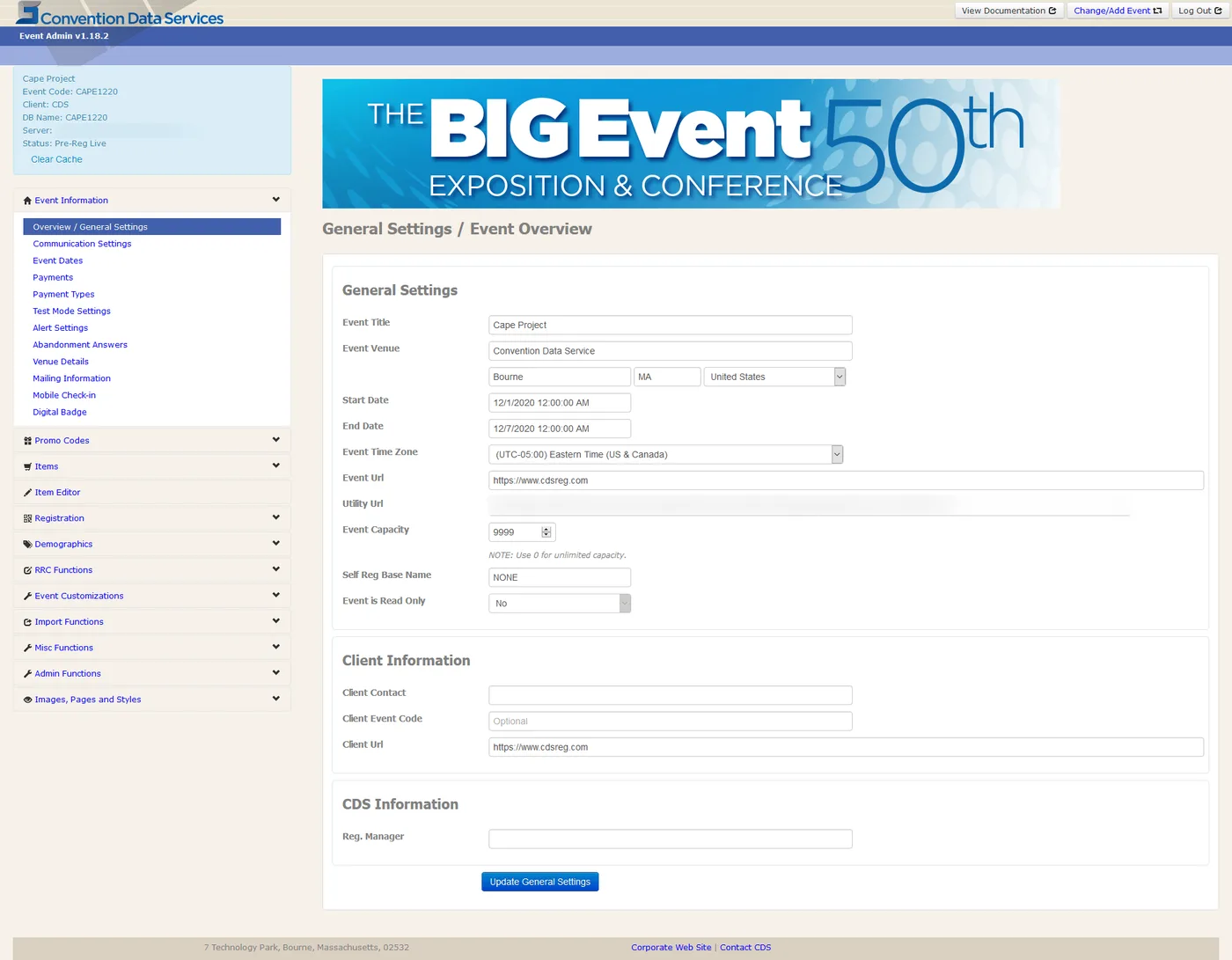 Event dashboard & general settings