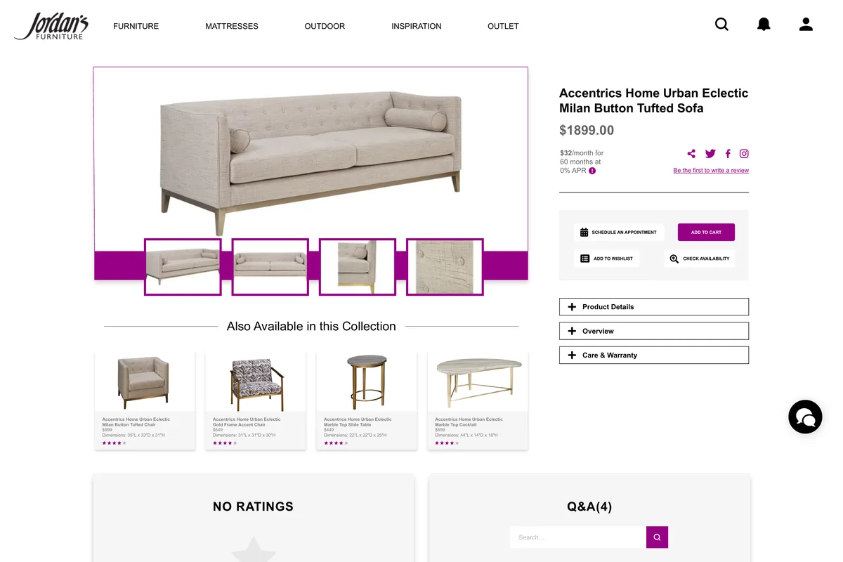 Jordan's Furniture — Product page redesign preview