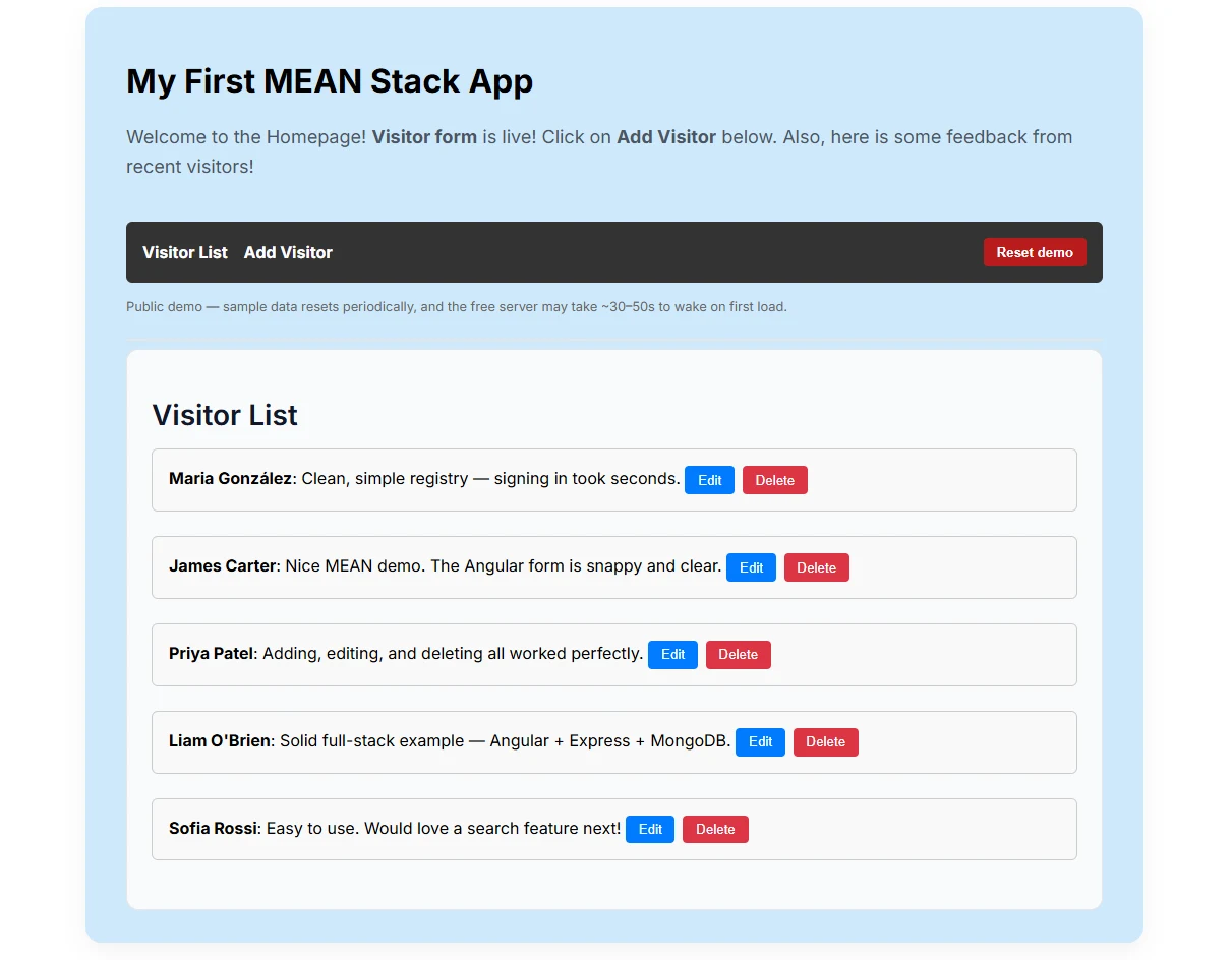 Angular visitor list — names and feedback with edit/delete actions
