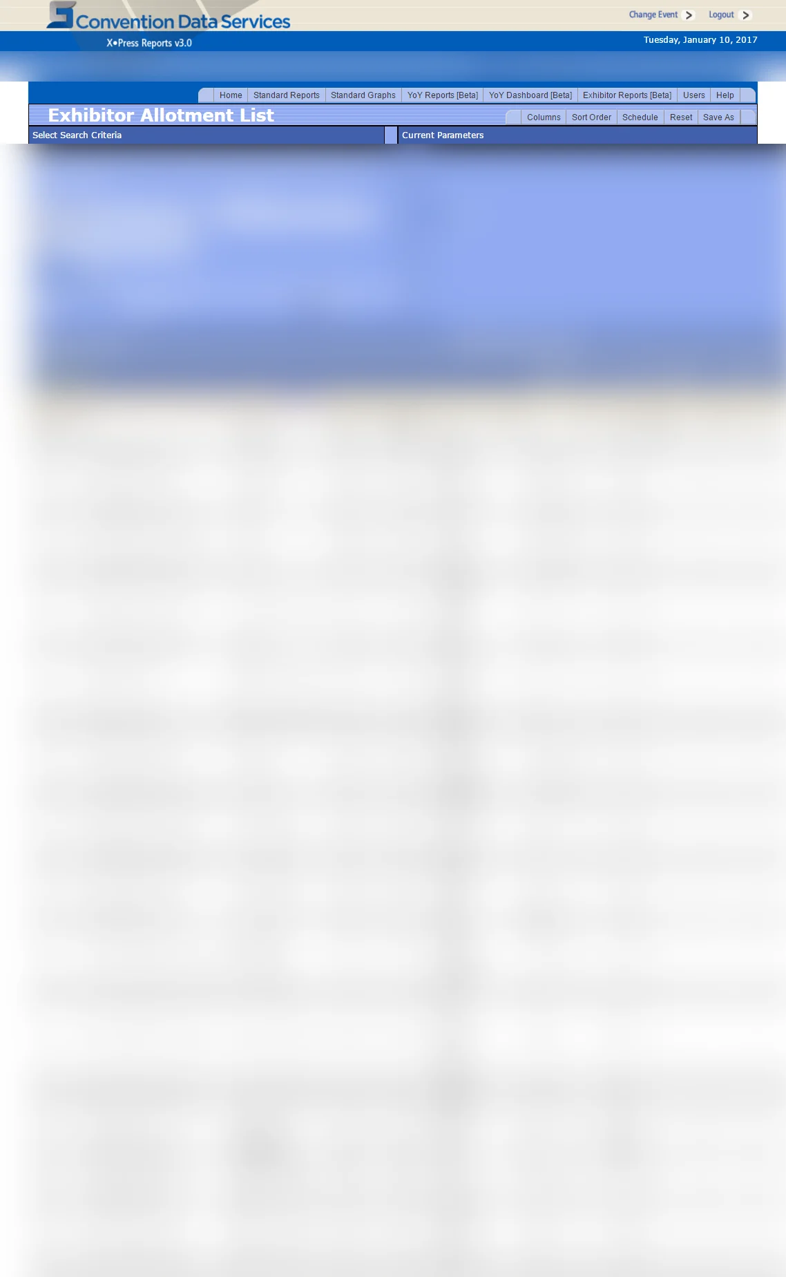 Exhibitor allotment list — data blurred